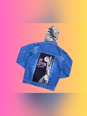 Handmade, Upcycled Led Zeppelin Denim Jacket with Hoodie Size L
